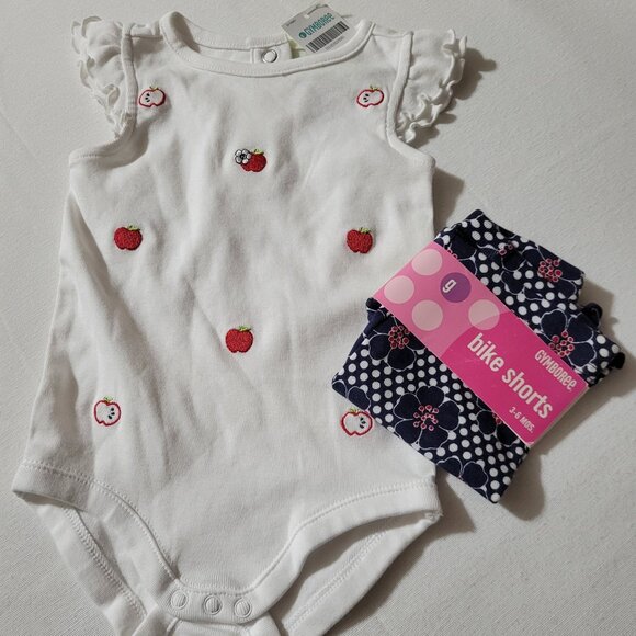 Gymboree Vintage Candy Apple NWT 3-6 month Bike Shorts & Embroidered Bodysuit. - Picture 2 of 2